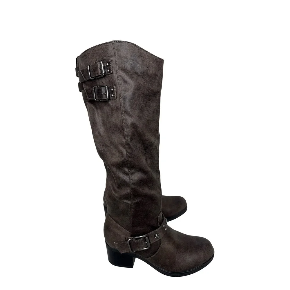 Carlos Santana Cara Knee High Boots Womens 6.5 Brown Fabric Buckle Stud Slouchy